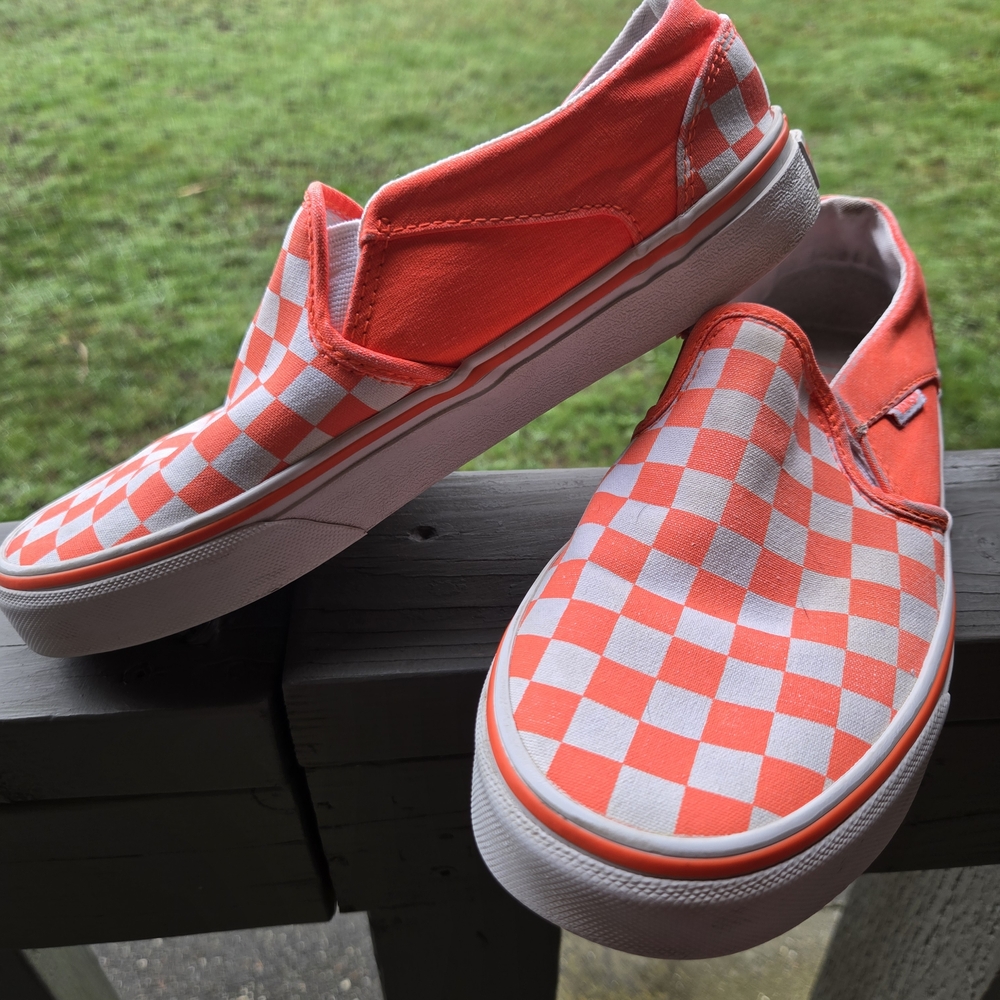 Vans, Orange and White Checkered Slip-On Sneakers